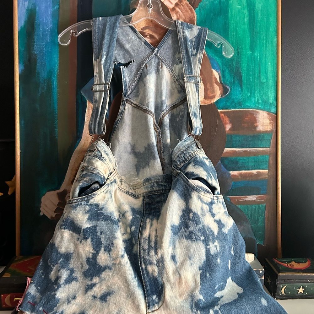 Upcycled Asymmetrical Tie-Dye Dress Denim Patchwork One Size Zebra - Picture 2 of 15